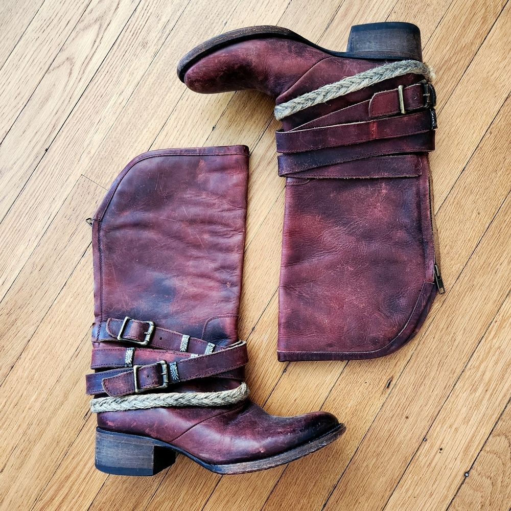 Freebird by Steven Maroon Red Heeled Leather Wrap Belted Cowboy Boots